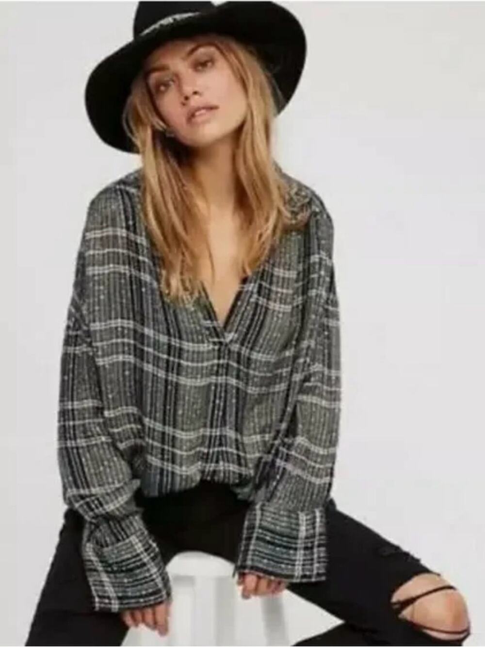 Free People Fearless Love Washed Black Sequin Oversized Popover Boho Hippie Top